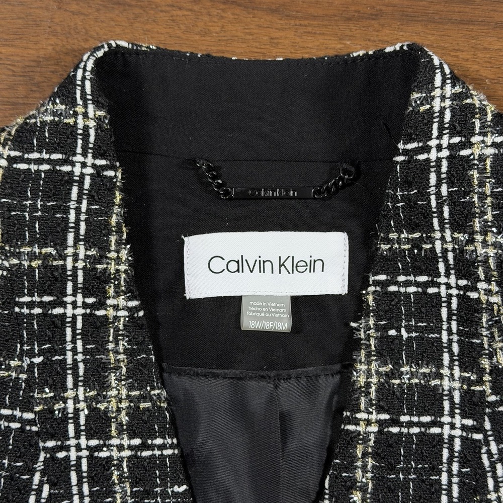 Calvin Klein Women's Size 18 W Black White Tweed Open Front Blazer Jacket - Picture 6 of 12